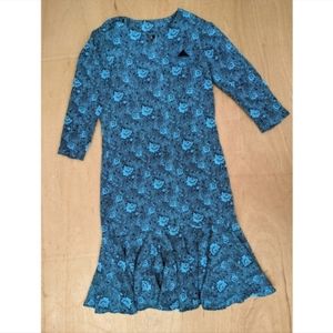 Vintage green black floral drop waist 3/4 sleeve dress large